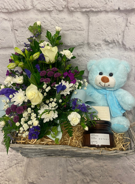Baby Boy Flowers and Gift Presentation in Basket Tray