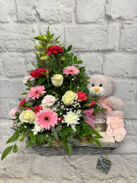 Baby Girl Flowers and Gift Presentation in Basket Tray