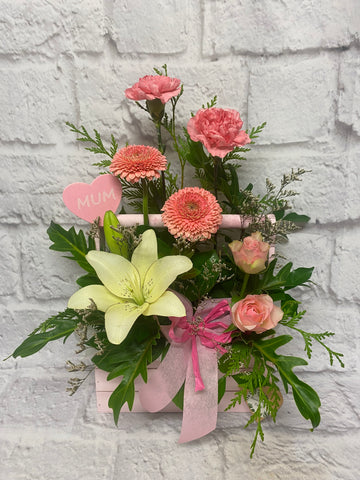 Pink Wooden Tote Flower Arrangement
