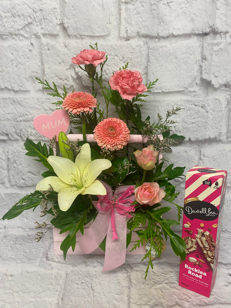 Pink Wooden Tote Flower Arrangement