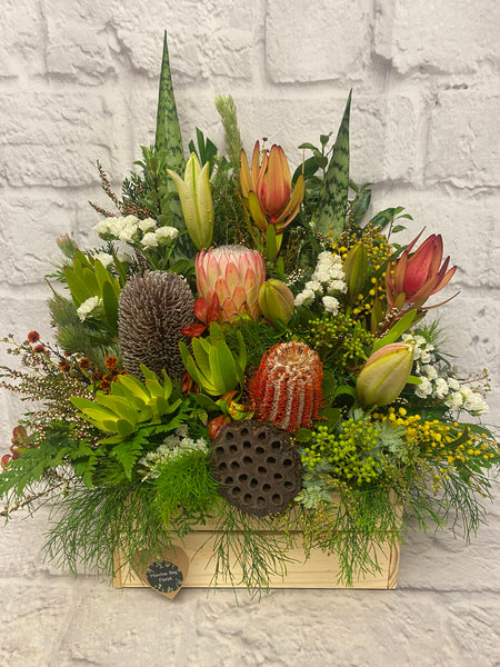 Vintage Style Timber Crate with Mixed Flowers & Natives