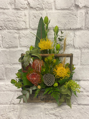 Rustic Style Wooden Tote Arrangement with Native Flowers