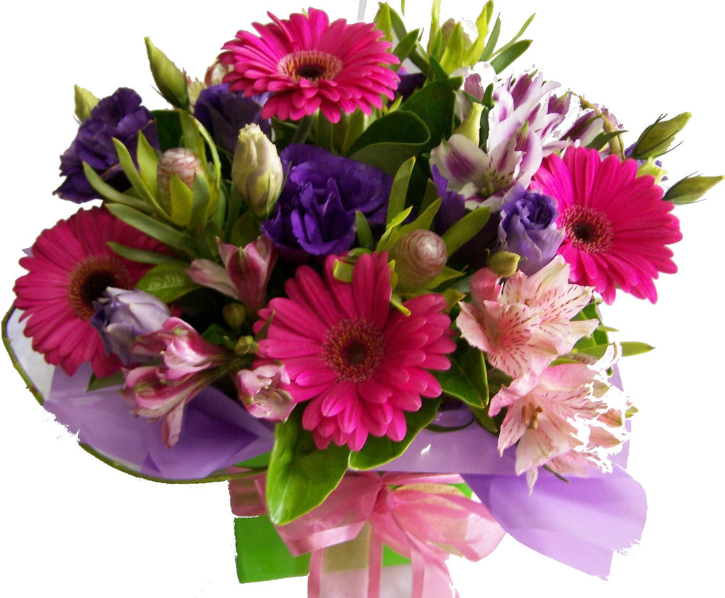 Box arrangement of gerberas and lisianthus in pink and green