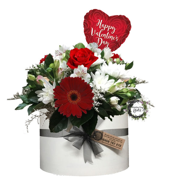 Valentines Hat Box Arrangement with Balloon